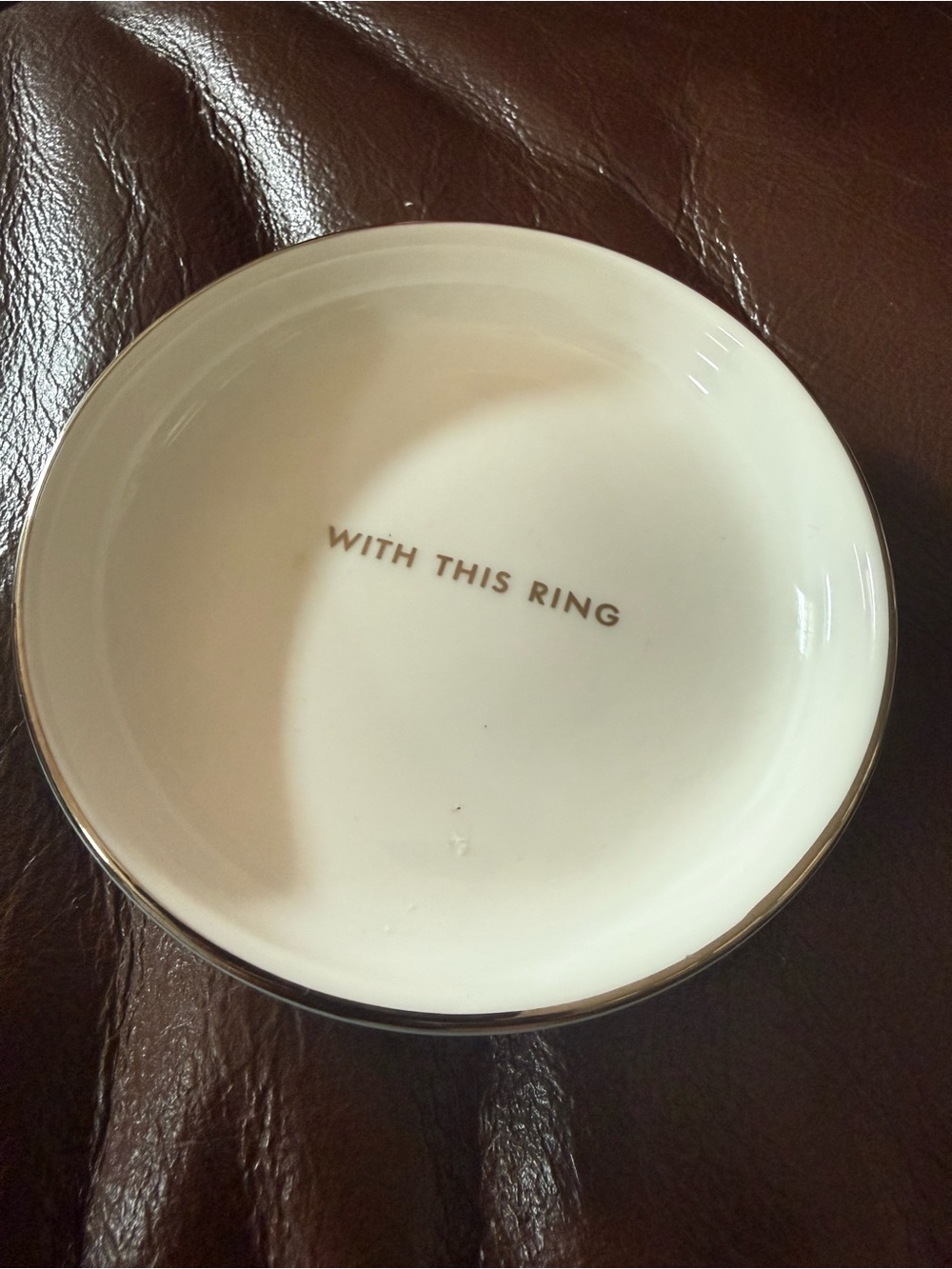 kate spade White Ceramic Ring Dish with Gold Lettering and Trim
